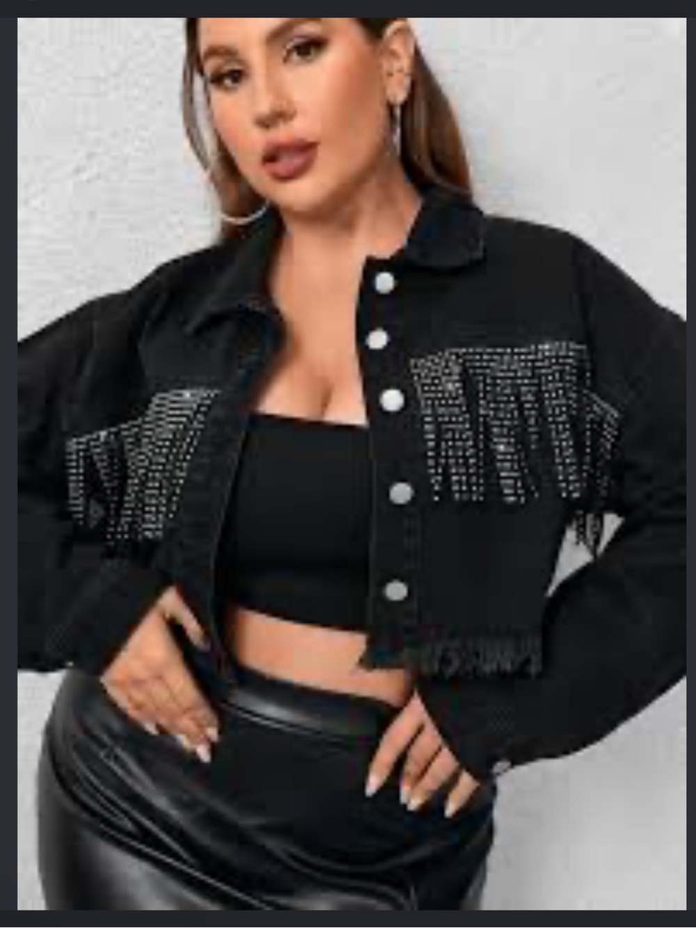 SHEIN Black Cropped Denim Jacket with Rhinestone Fringe